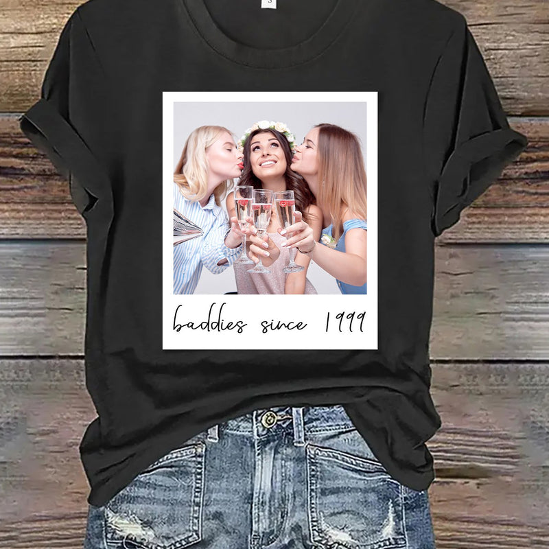 Women’s Custom Polaroid Photo & Text Commemorative T-Shirt.