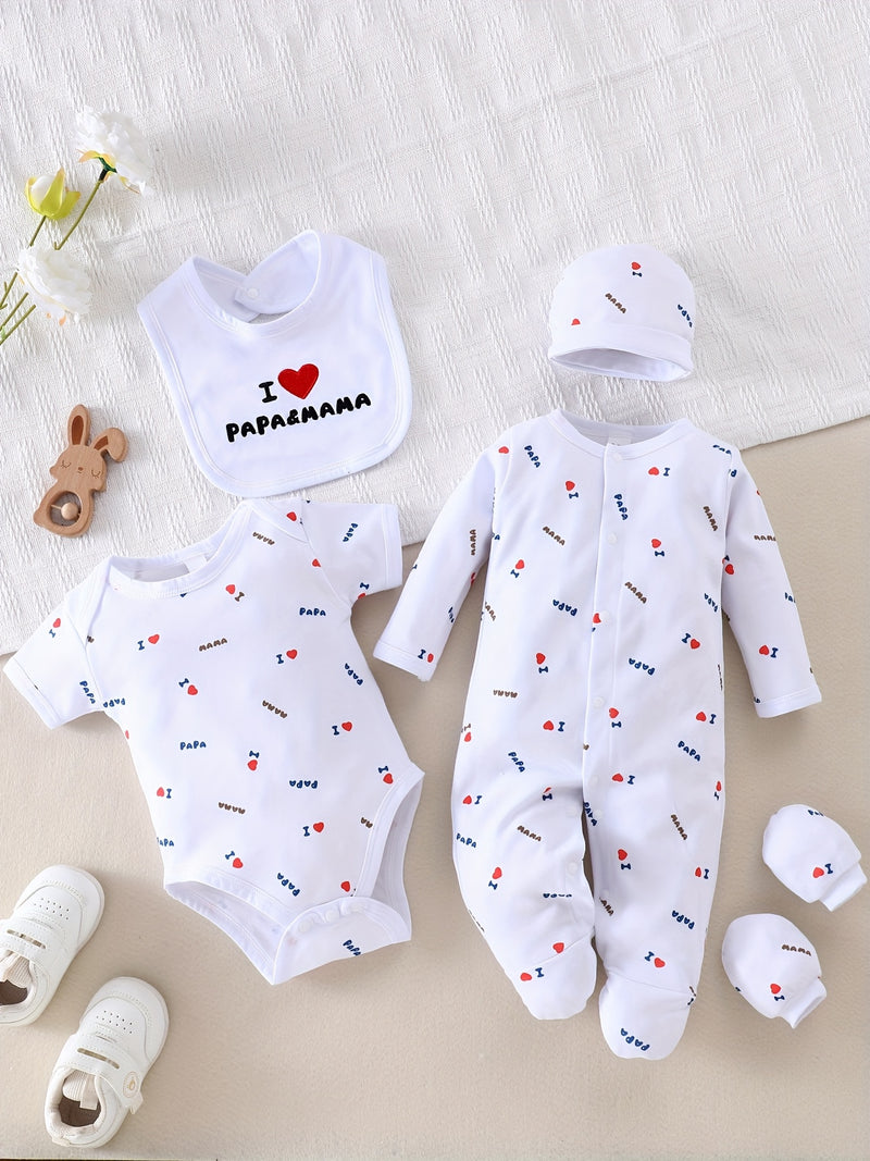 5pcs "I Love Papa and Mama" Embroidered Newborn Baby Clothes Set.