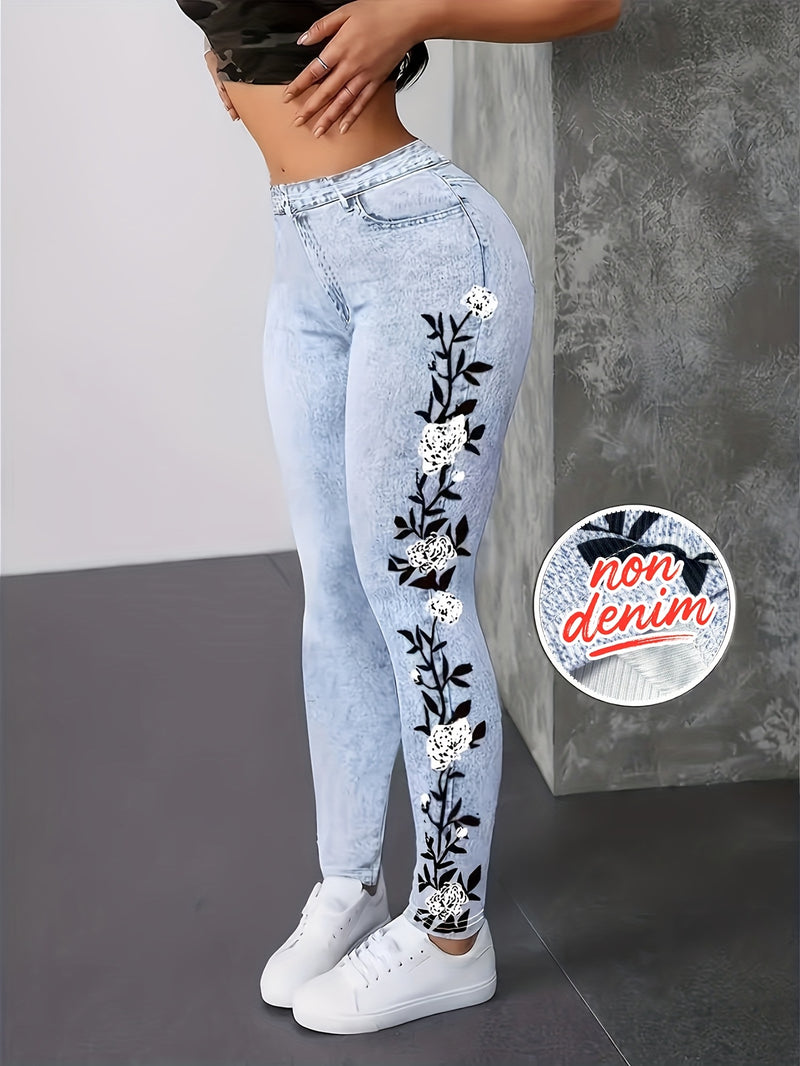 Women's High-Waisted Light Wash Blue Blooming Denim Pants.