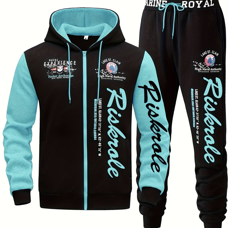 Men's Hooded Sweatshirt with Letter Print, Two-Piece Sports Running Outfit.