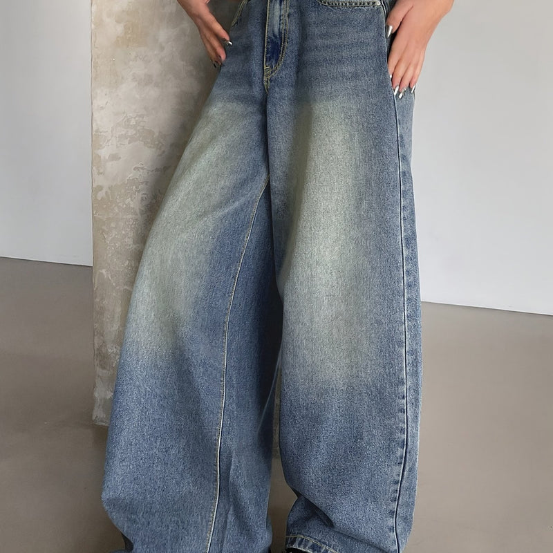 Women's New Washed Blue Wide-Leg Ultra-Long Floor-Length Ripped Loose-Fit Wide-Leg Casual Jeans.