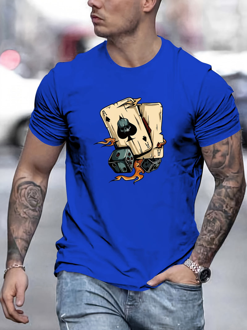 Men's Poker Card Pattern Summer Casual Crew Neck Short T-Shirt.