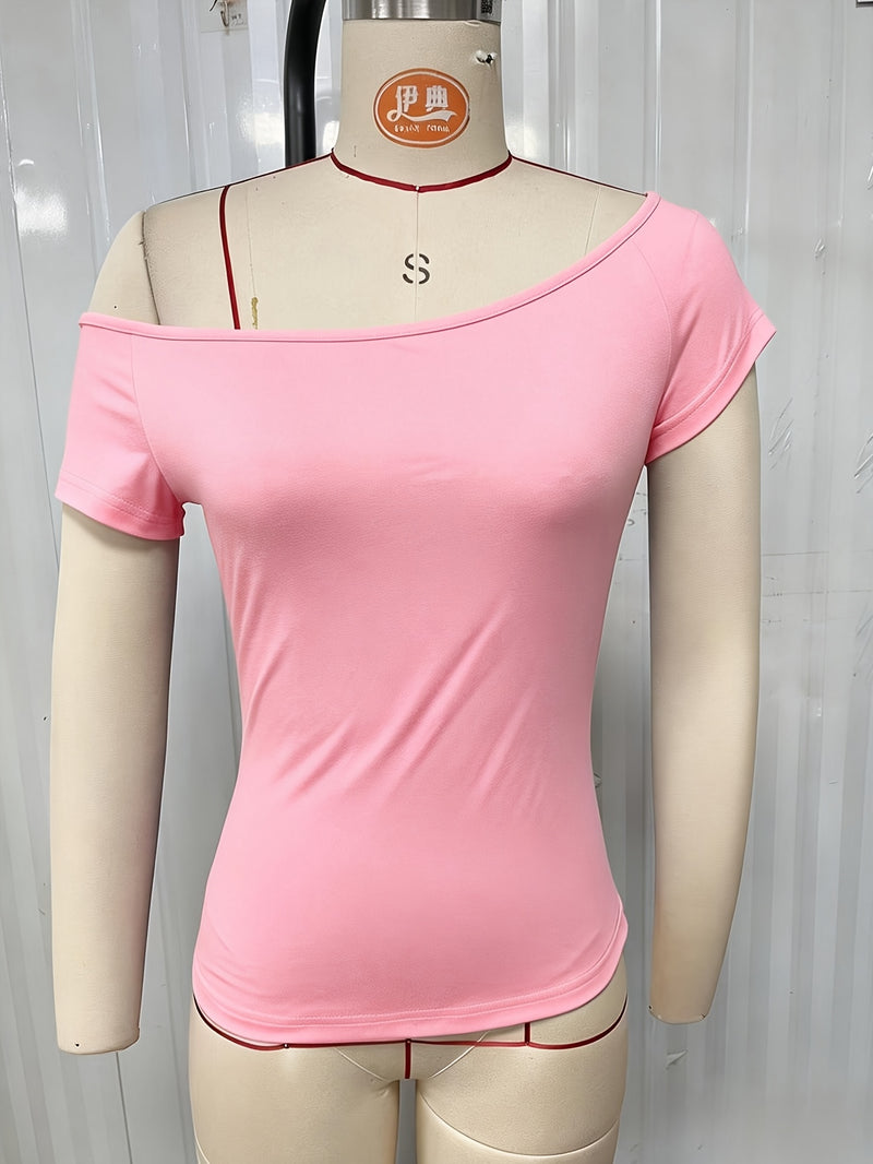 Women's Summer Casual Asymmetrical Off-Shoulder Solid Color T-Shirt.