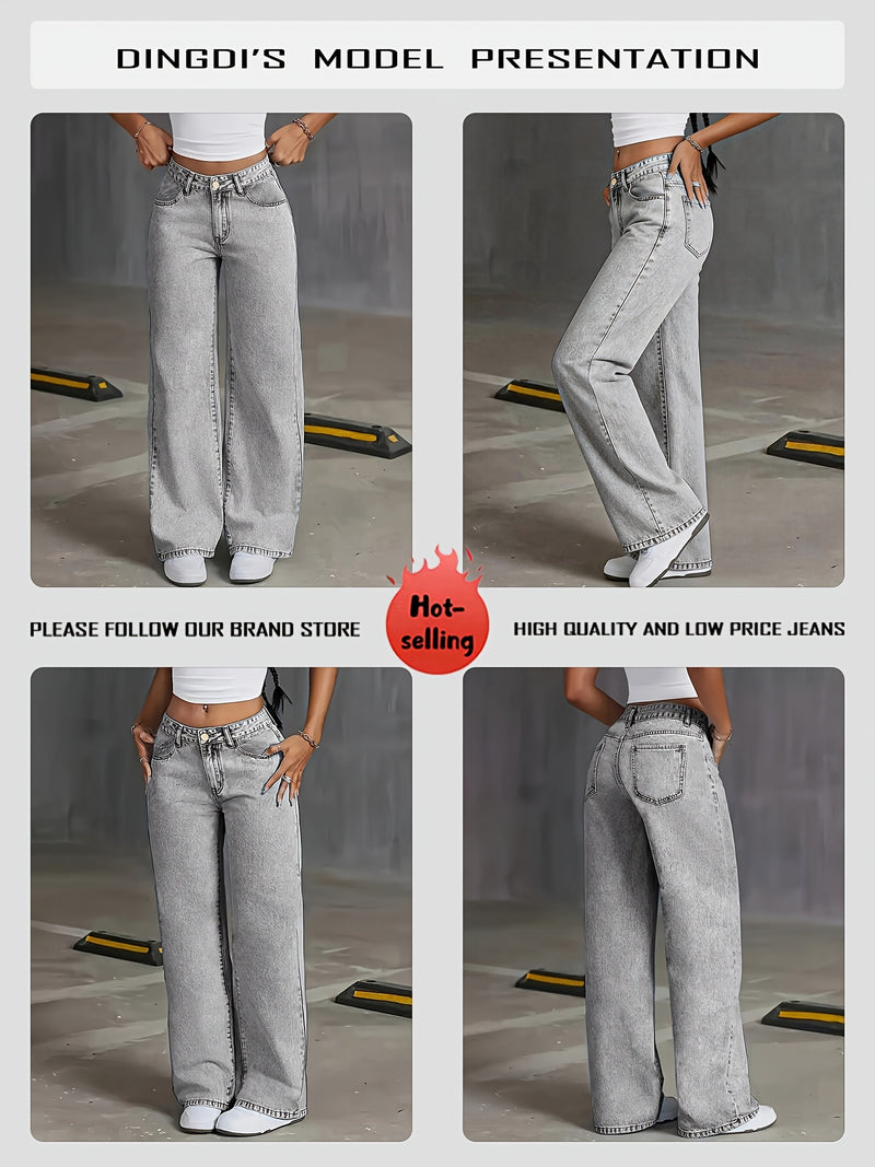 Women's New Stretch Straight Jeans, Wide-leg Jeans with Pockets.