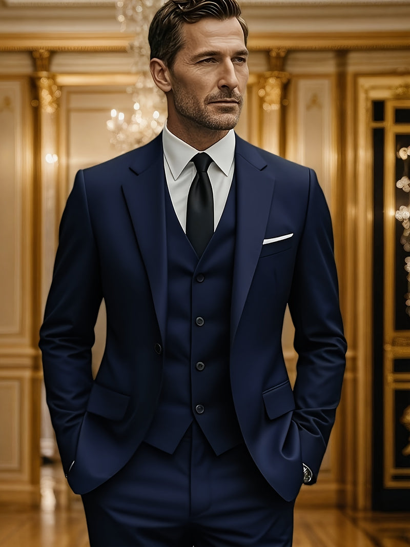 3pcs Suit Set for Men, Single-Breasted One-Button Black Suit And Trousers Set.