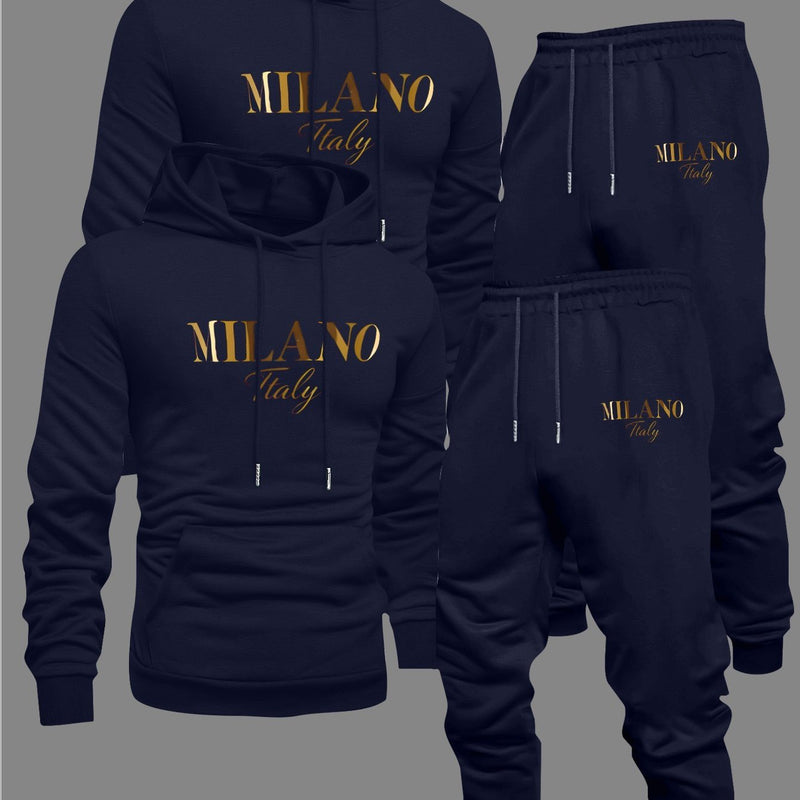 Men's Fashion Slogan Hoodie Four-Piece Set with Drawstring Elastic.
