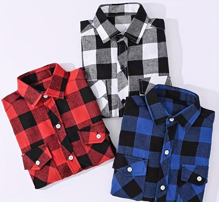3pcs Men's Plaid Shirt Top with Turn- Collar Long Sleeve Button-Up.