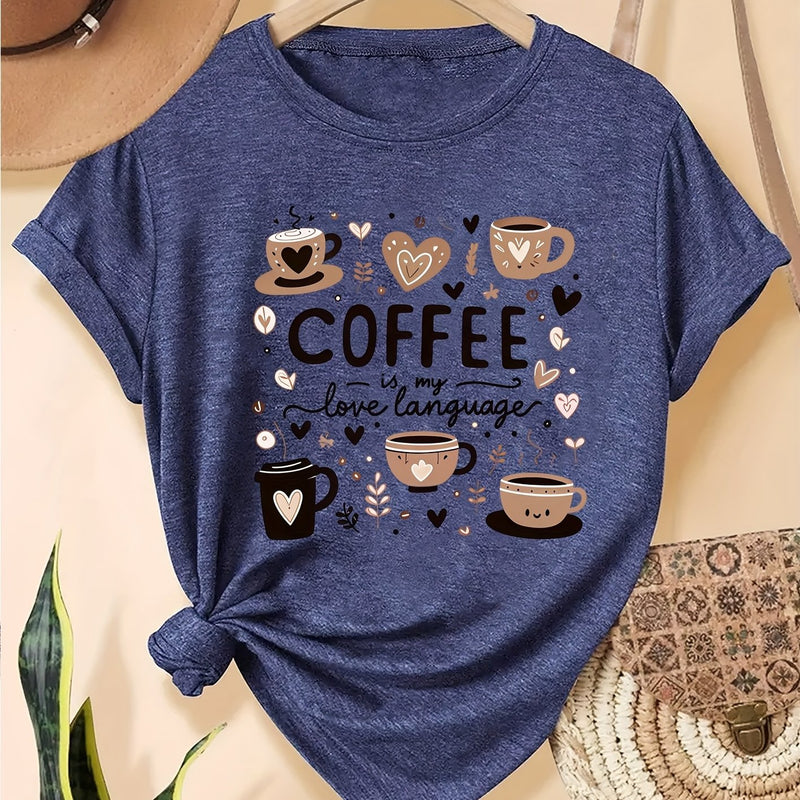 Elegant Women's Short-Sleeve T-Shirt with Coffee-Themed Prints.