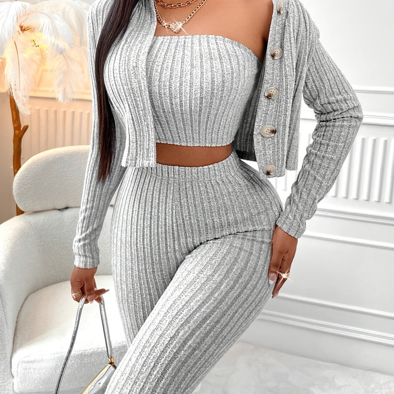 Women’s Solid Color Tube Top and Front Button Jacket and Leggings 3pcs Set.