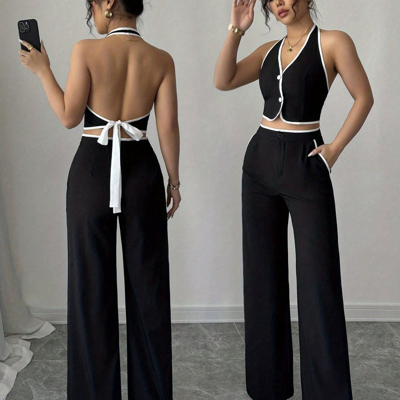 2pcs Women's Commuter Solid Color Short Sleeve Sleeveless Top and Pants.