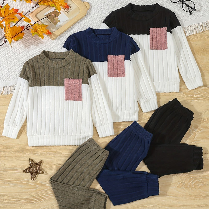 3 Sets Boys Pantsuits: Ribbed Round Neck Contrast Pullover.