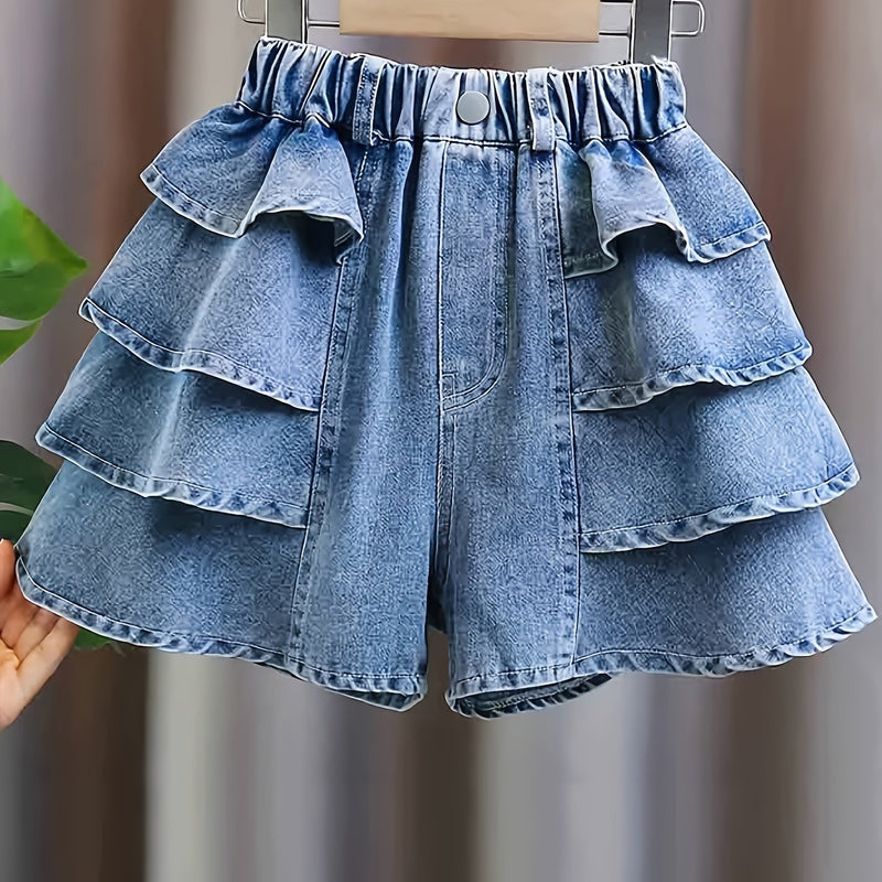 Girls' Summer Fashion Versatile Ruffle-trim Denim Shorts, Comfortable Lightweight.