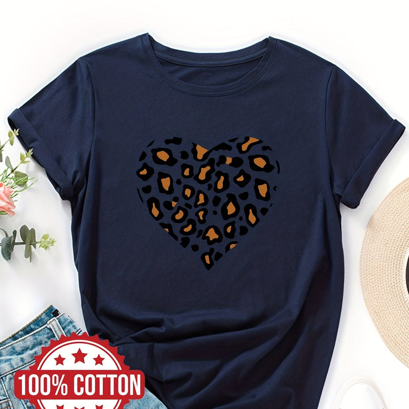 Women's "Leopard-print Heart" Graphic Print T-Shirt.