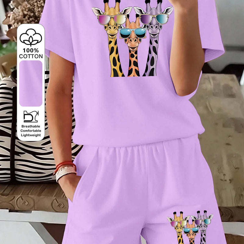 Women's Three-piece Fashionable Giraffe Print Short-sleeve Top and Shorts.