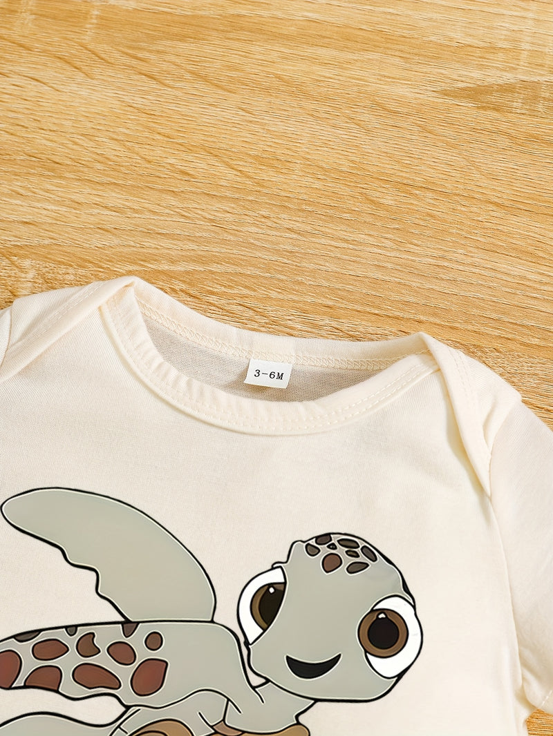 Baby Boy Summer Short-Sleeved Cartoon "Little Turtle" Print Romper, for Outdoor.