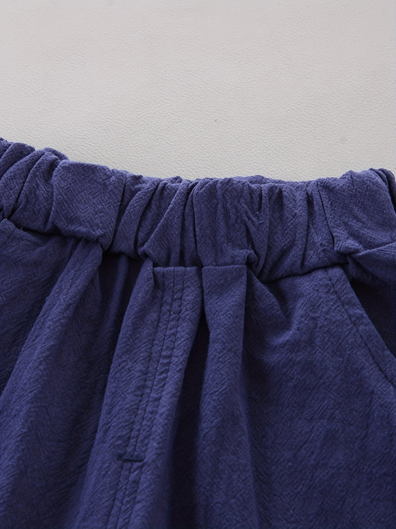 2pcs Boys' Casual Feather Shirt and Shorts Set Vibrant Yellow with Blue Accents.