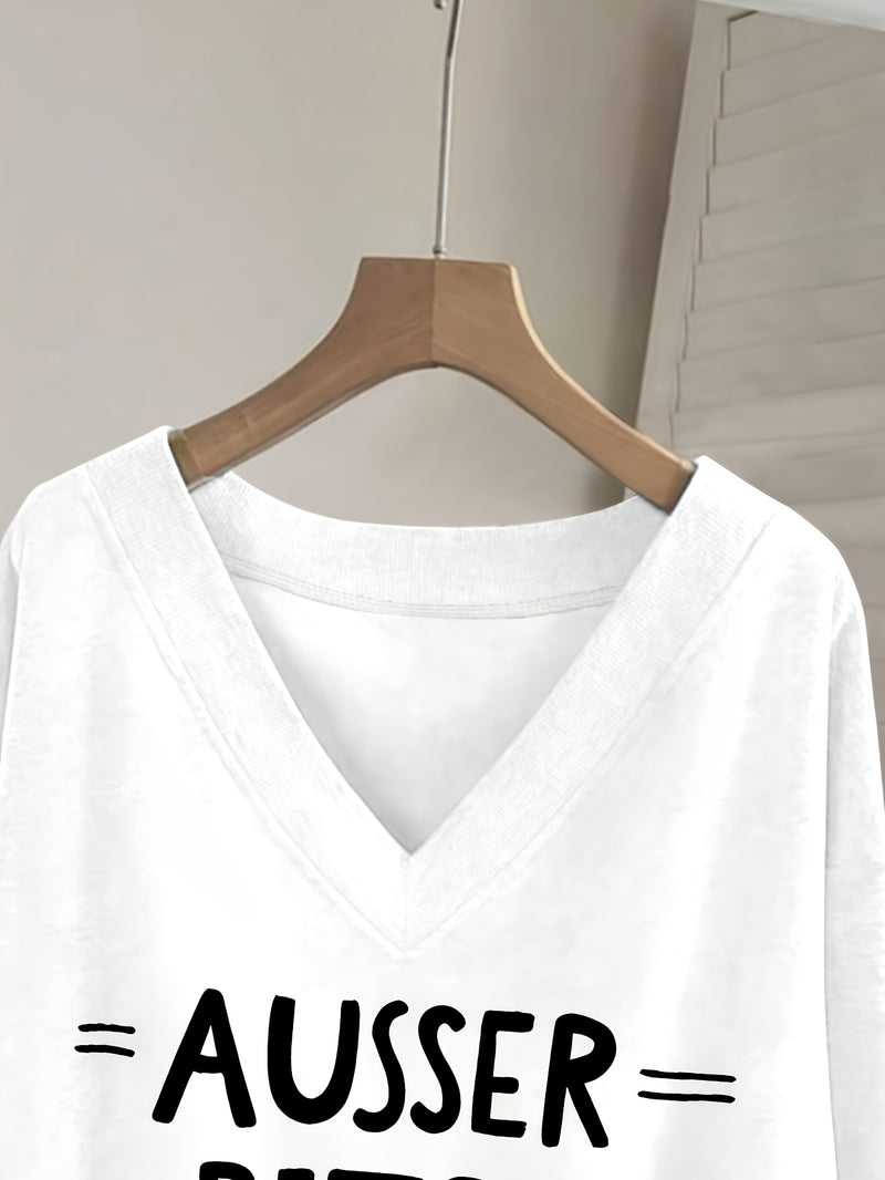 Women's Pink V-Neck Long Sleeve Sweater with German Letter Print.