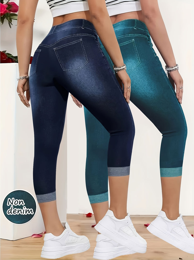 New Two-Piece Set, Faux Denim Women's Slim-Fit Leggings.