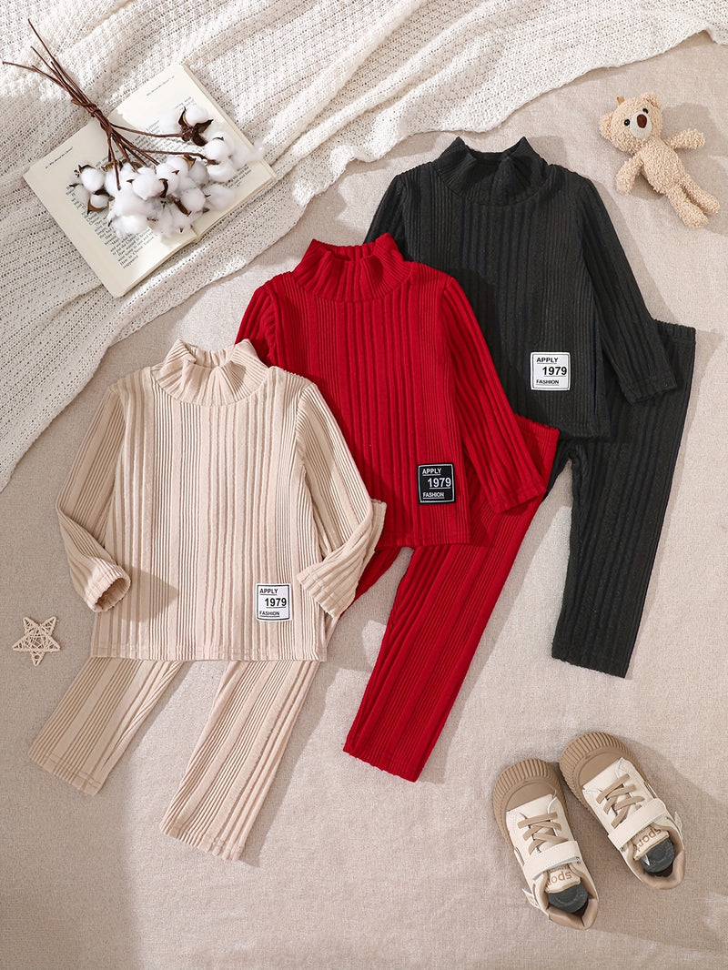 6pcs Kids Fleece Ribbed Long Sleeve Pants Set Fashion Casual Elastic.