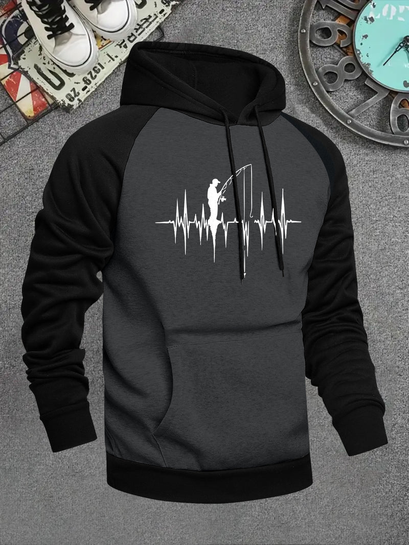 Men's Hooded Sweatshirt with Fishing Pattern Print.
