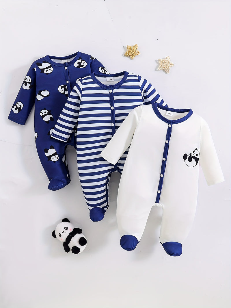 4-Season Cute Panda Striped Solid Color Newborn Baby Crawling Romper.