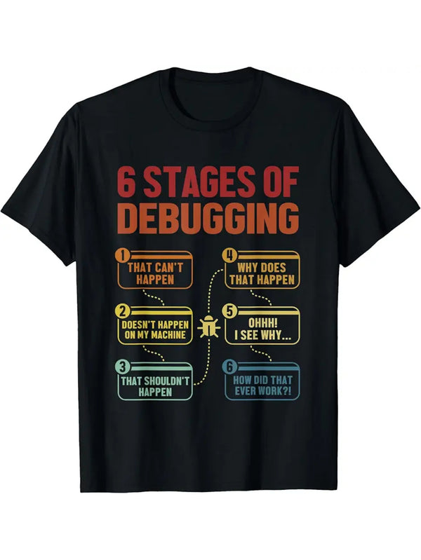 Men’s Funny 6 Stages of Debugging Coding T-Shirt.
