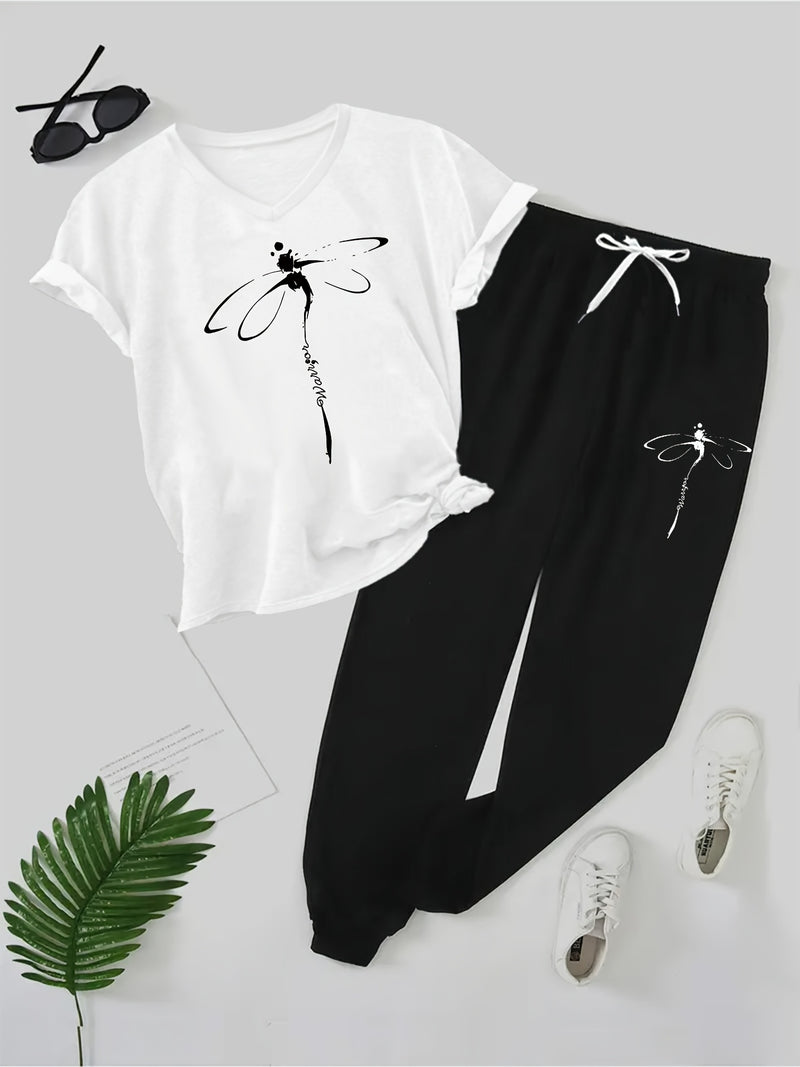 Women's 2pcs Outfit - Batwing V-Neck Top with Dragonfly & Letter Print.