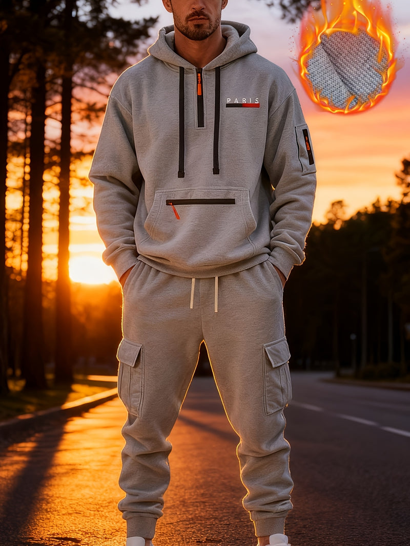 Men's Halloween Paris Letter Print Hoodie & Drawstring Cargo Jogger.