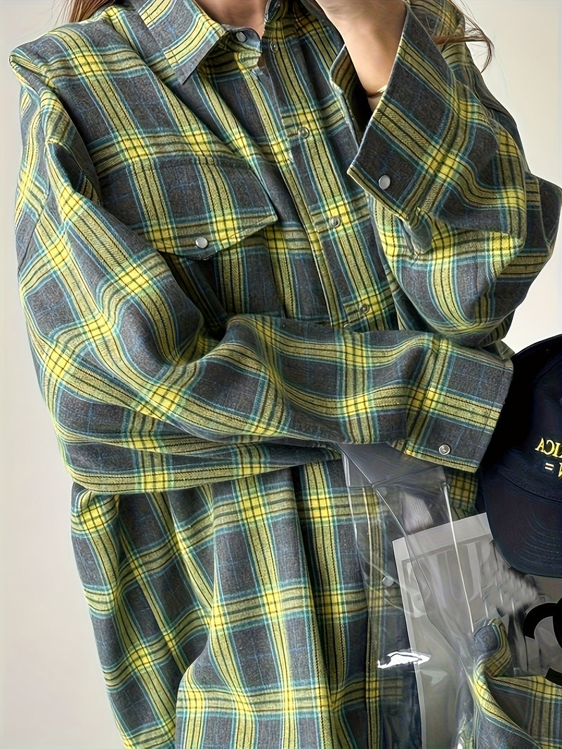 Spring Plaid Long-sleeve Pocket Women's Blouse.