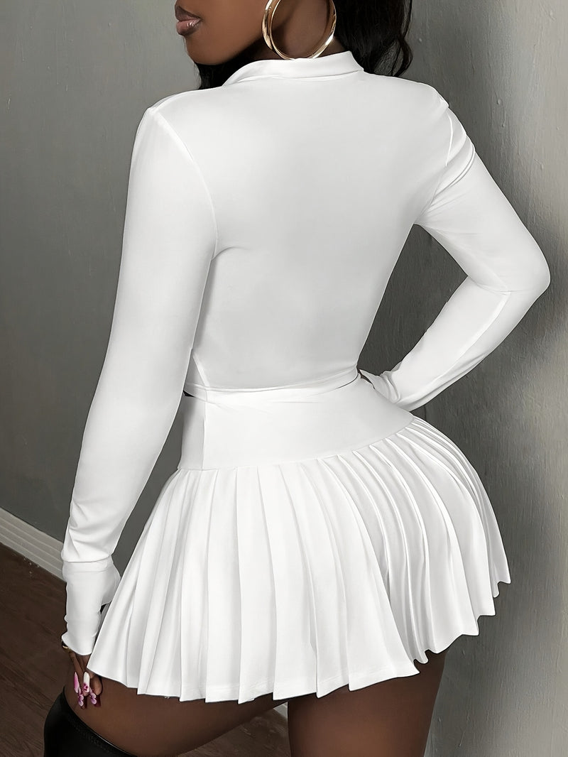 2pcs Women'S Casual V-Neck Zip-Up Top And Pleated Mini Skirt Set.