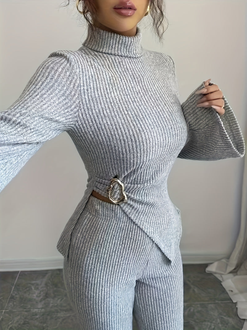 Women's Autumn And Winter Fleece Turtleneck Asymmetrical Hem Long Sleeve Pants.