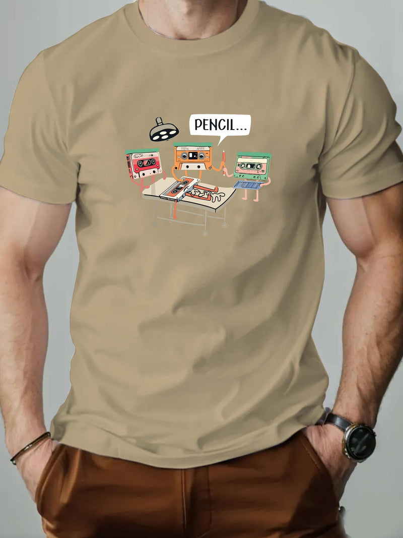 Men's Summer Casual Crew Neck Short Sleeve T-Shirt with Tape Pattern.