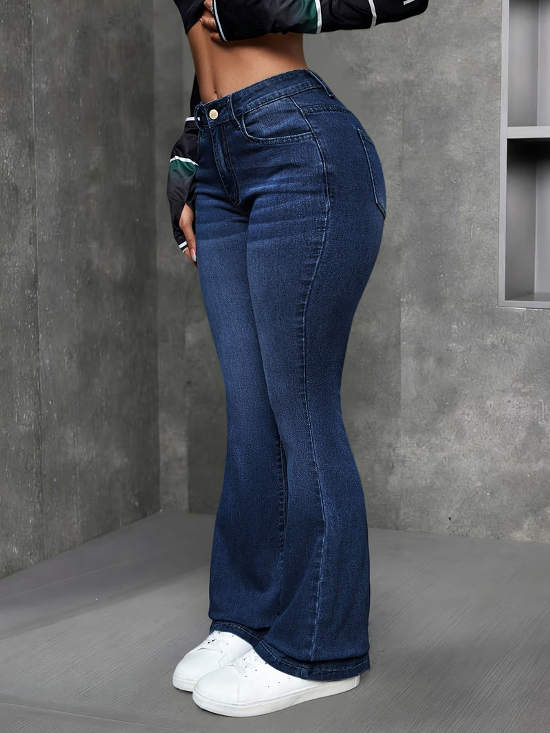 Women’s Fashionable Deep Blue High-Waist Flare Jeans.