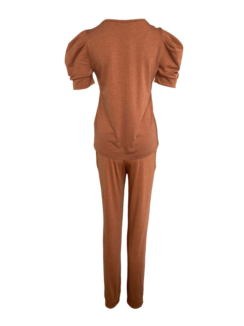 2pcs Women’s Round Neck Puff Sleeve Top with Pants.
