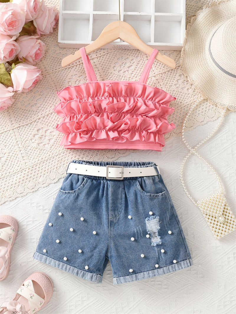 Girls' Lace-Trimmed Tank Top And Denim Shorts Two-Piece Set, for Outdoor.