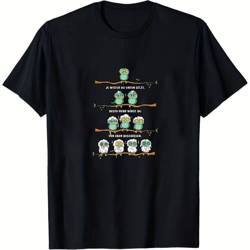 Men’s Black T-Shirt Features a Humorous Owl Graphic.