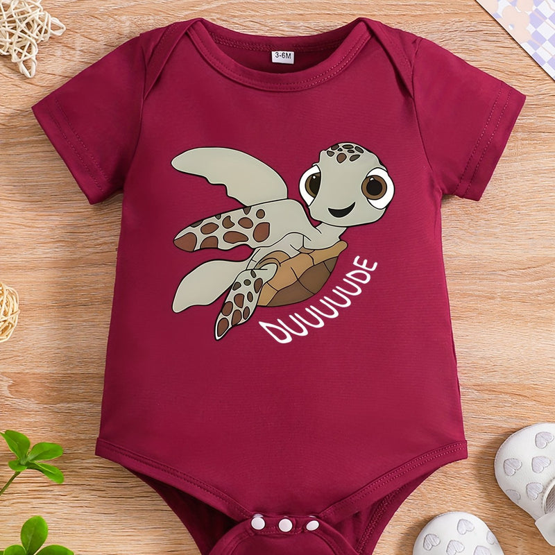 Baby Boy Summer Short-Sleeved Cartoon "Little Turtle" Print Romper, for Outdoor.