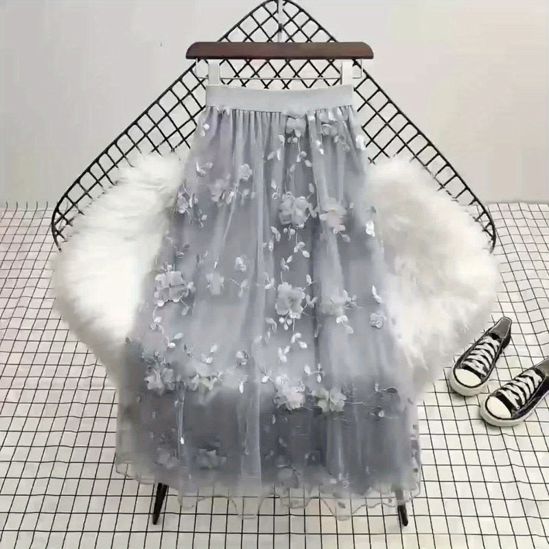 Women’s Double-layer Mesh Flared A-line Embroidered Floral Skirt.