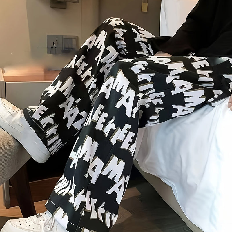 Men's Casual Wide-Leg Pants with Bold Letter Print.