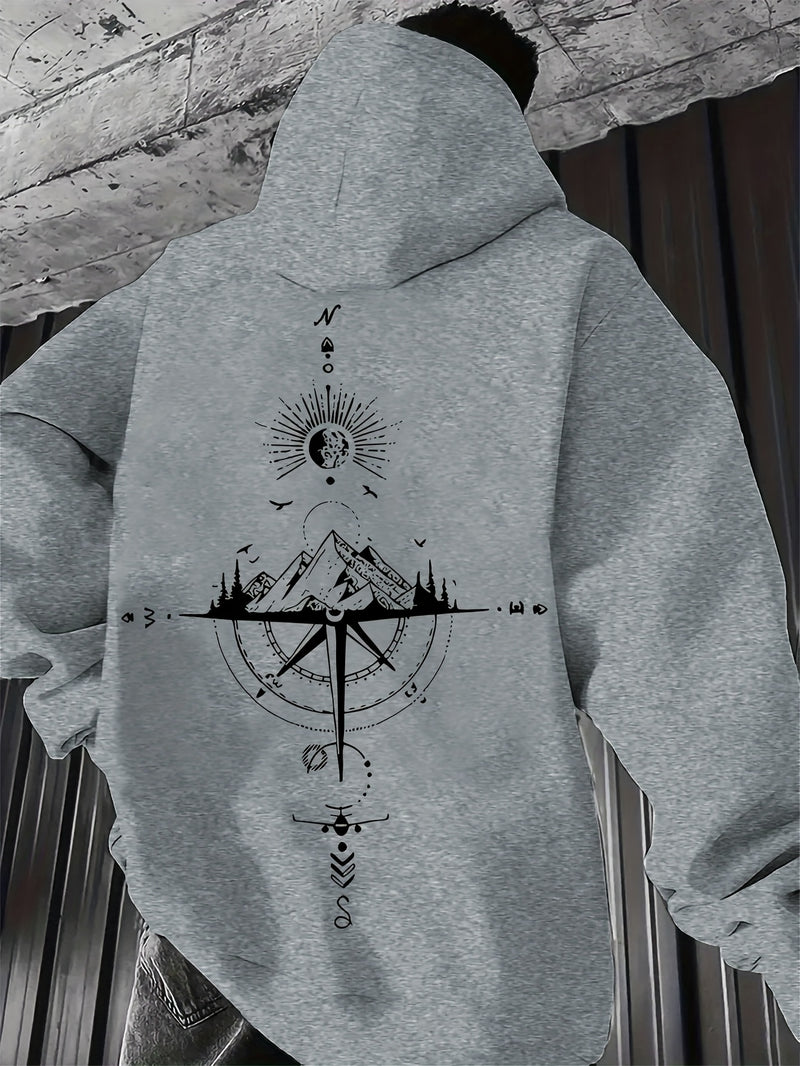 Men's Autumn/Winter Compass Print Hooded Sweatshirt.