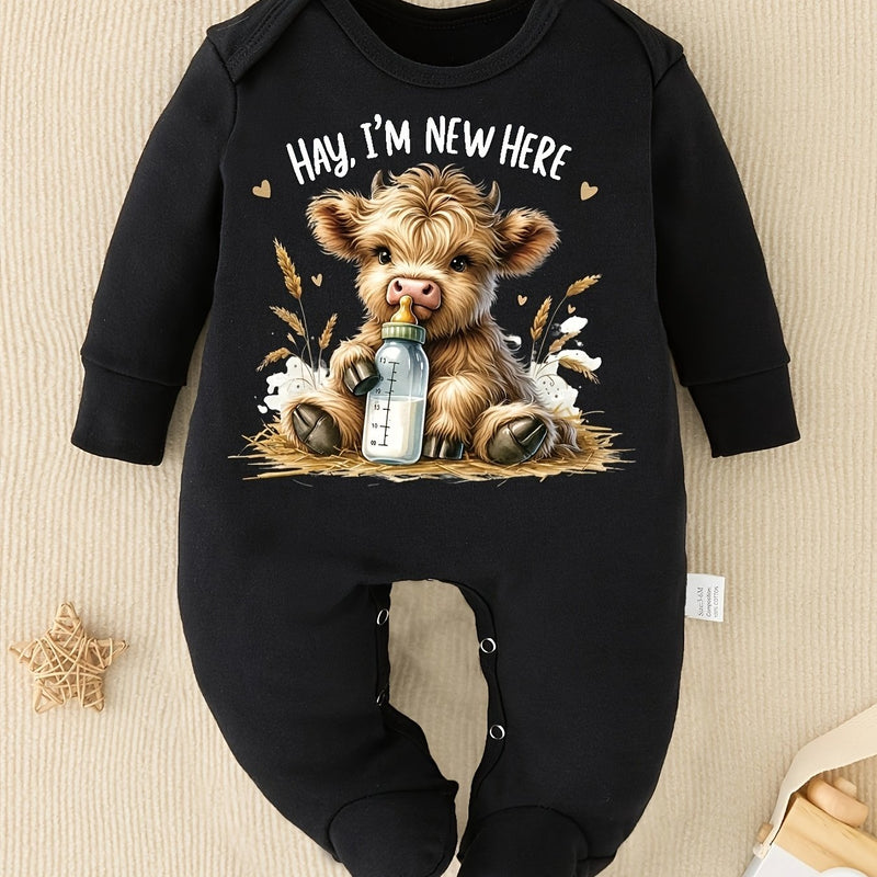 Hay I'M New Here Cartoon Pattern Print New Baby Footed Romper Four Seasons.