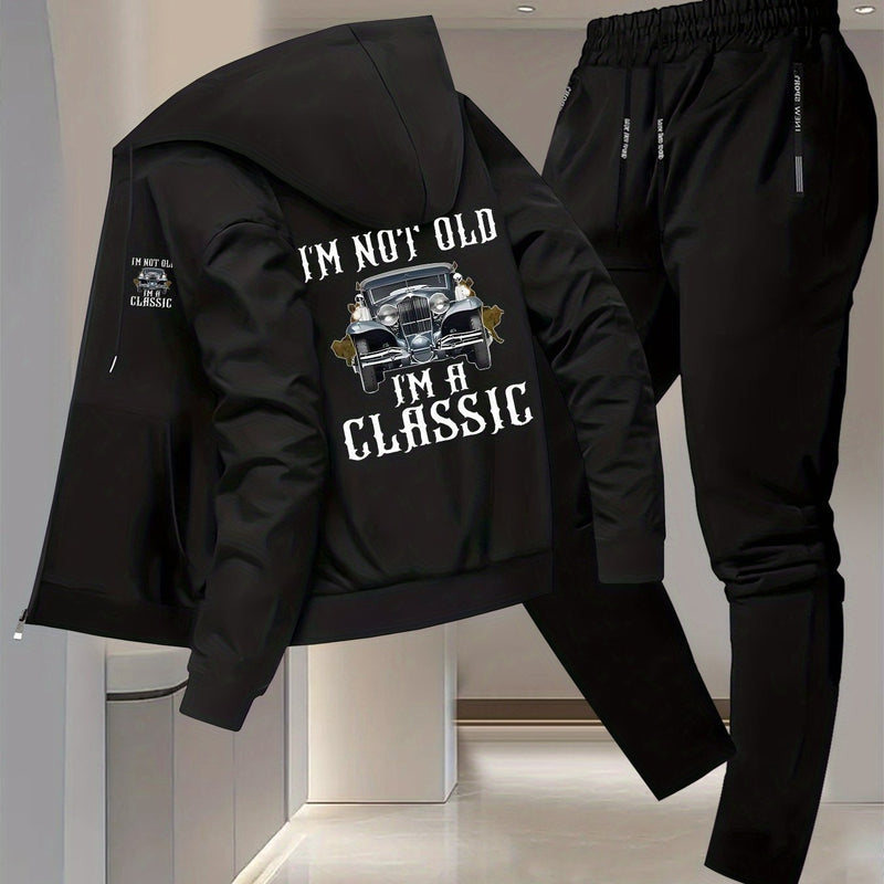 Men's Vintage Car Print 2pcs Suit Set - Slim-Fit Hooded Jacket & Pants.