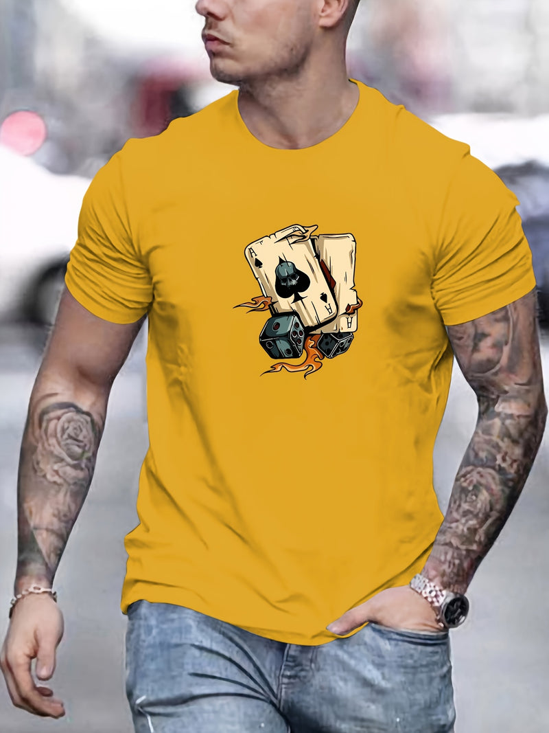 Men's Poker Card Pattern Summer Casual Crew Neck Short T-Shirt.