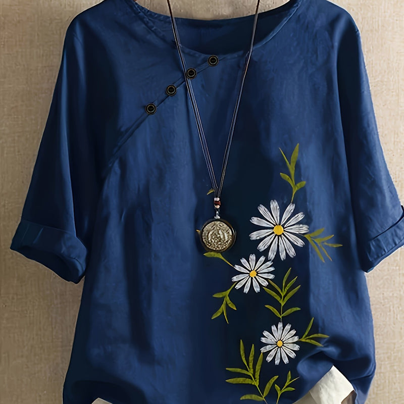 Casual Loose Blend Dandelion Print Short Sleeve Pullover T-Shirt for Women.