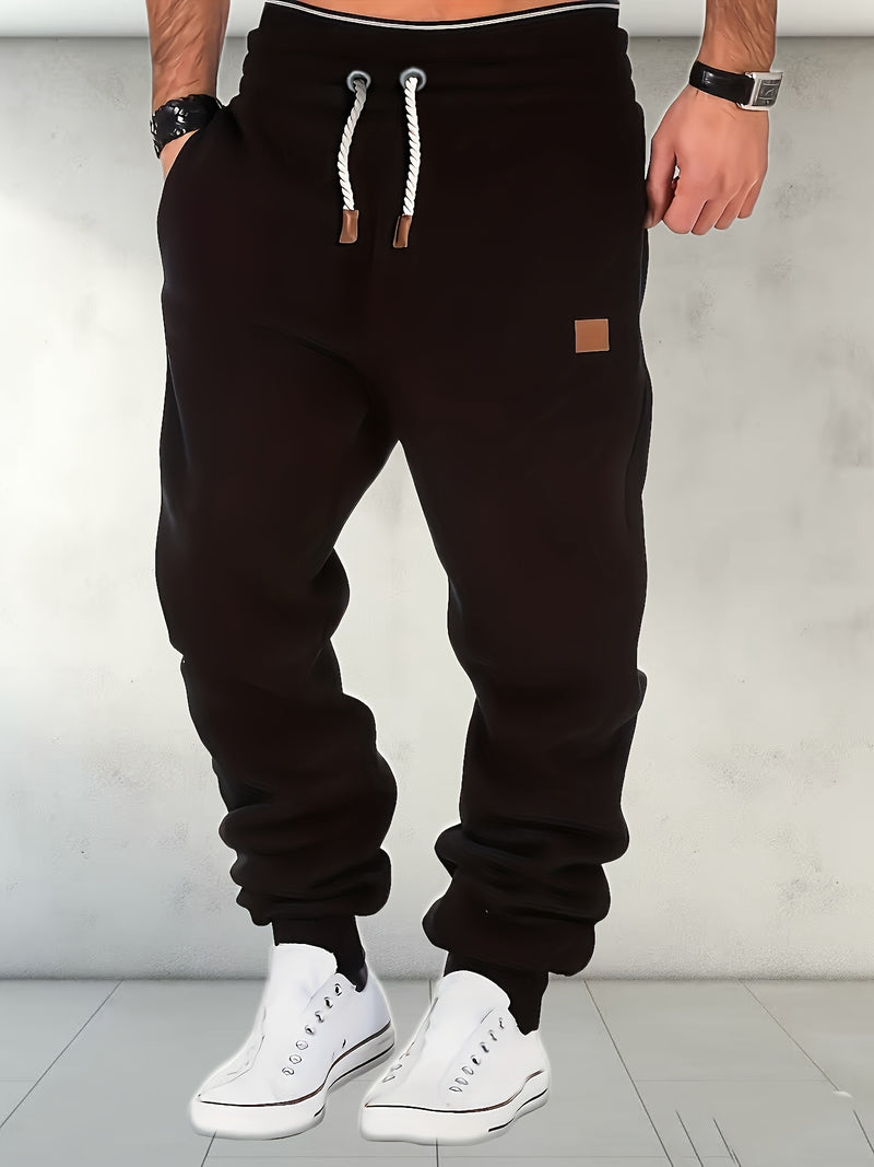 Men's Solid Color Loose Sports Pants, Micro Elastic Warm Thick Casual Pants.