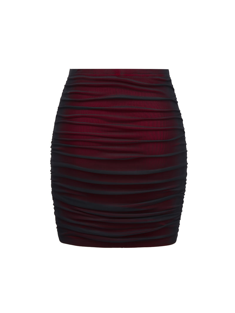 Red And Black Color-Blocked Mesh Bodycon Skirt.