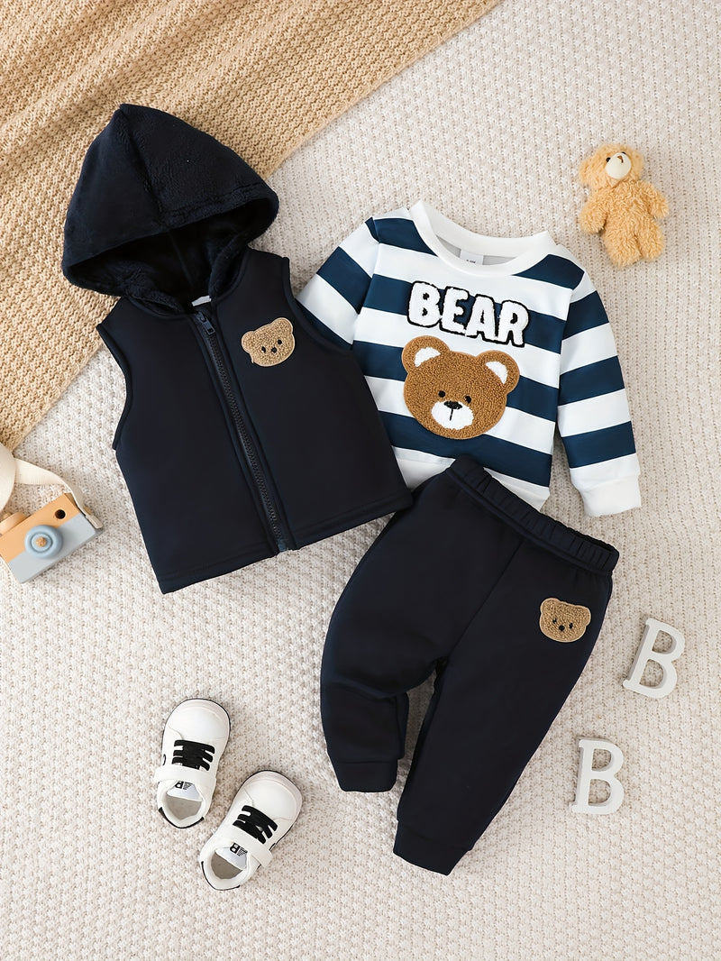 3pcs Boys Cute Bear Embroidery and Striped Print Long-Sleeve.