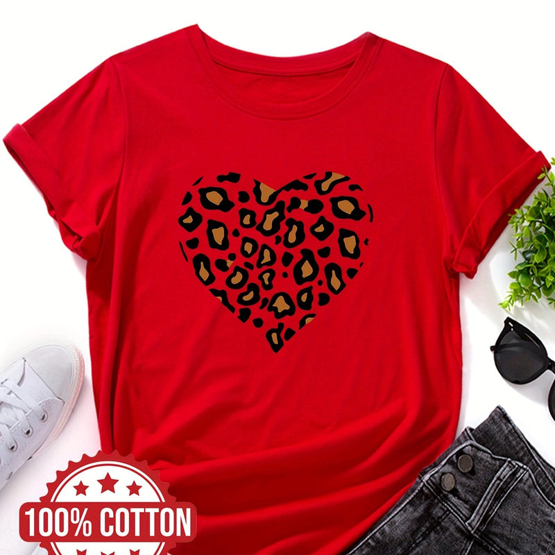 Women's "Leopard-print Heart" Graphic Print T-Shirt.