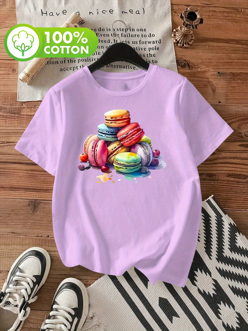 Women's Stylish Macaron Print Round Neck Short Sleeve T-Shirt.