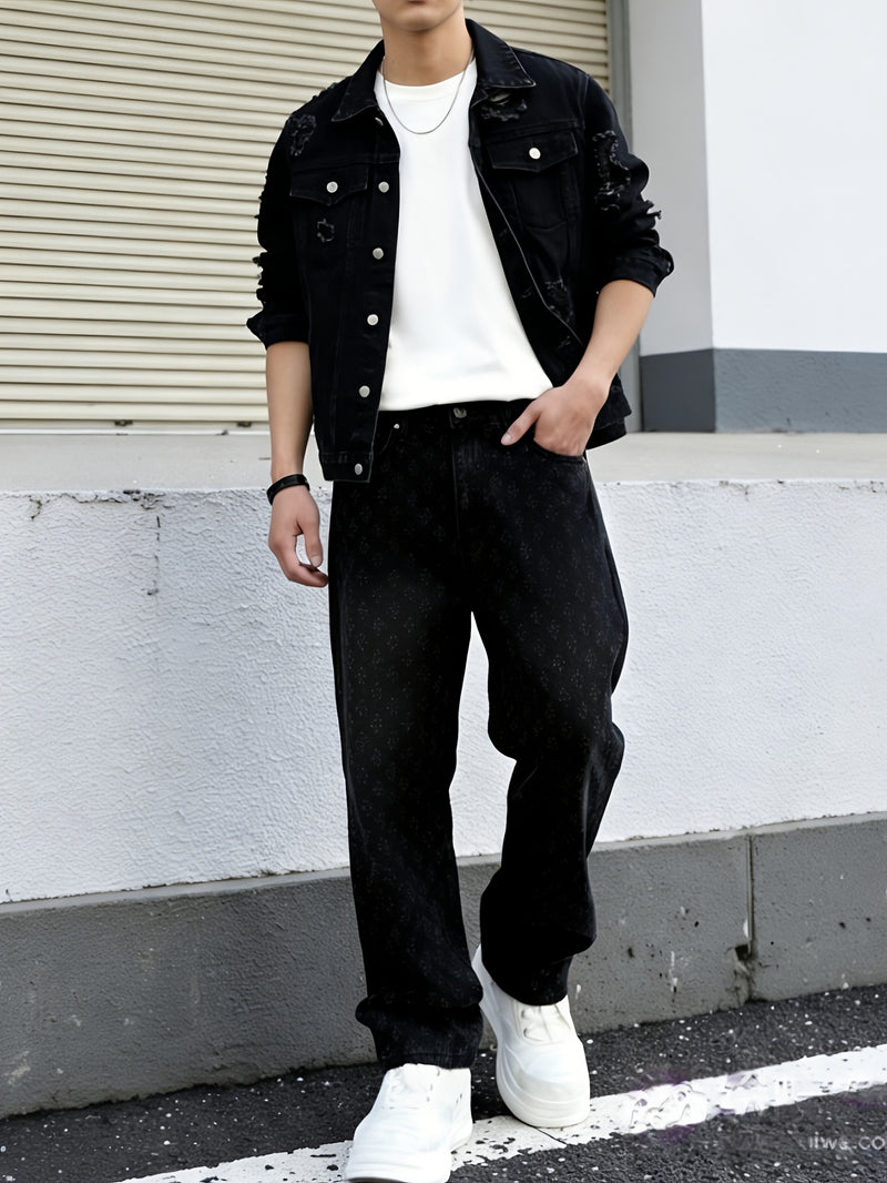 Men's Black Vintage-Washed Denim Two-Piece Set.